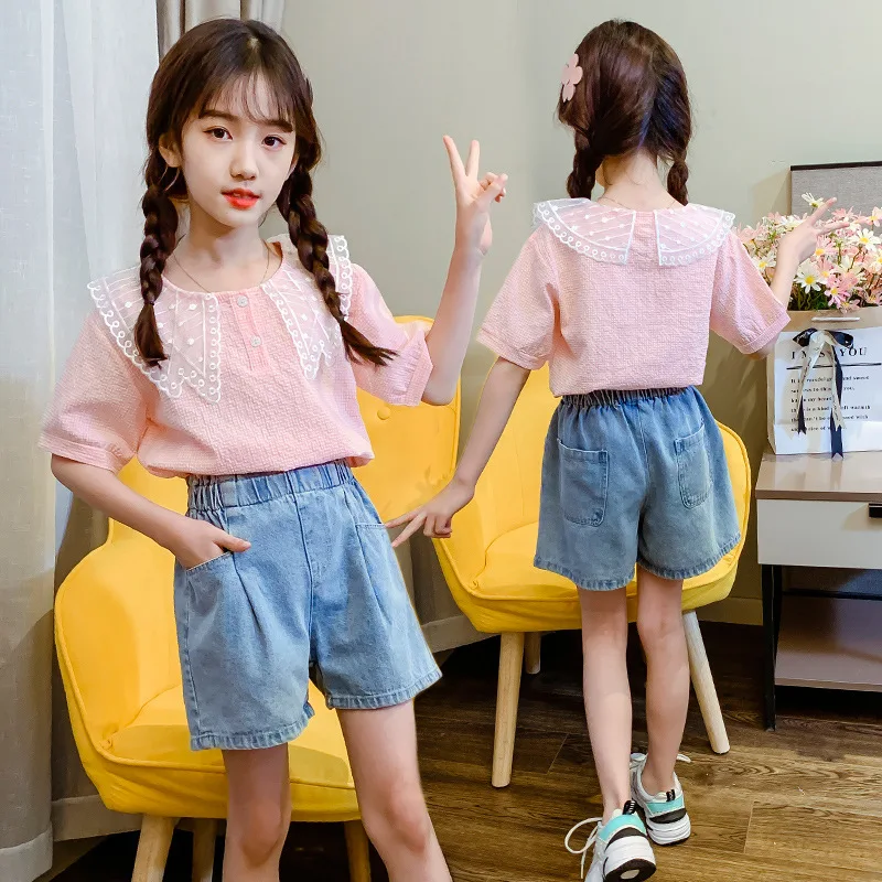 Girls Clothing Sets Summer Fashion Gauze Collar Short Sleeve Tops + Denim Shorts Kids Clothes Suit Children 3-13 Year Outfits