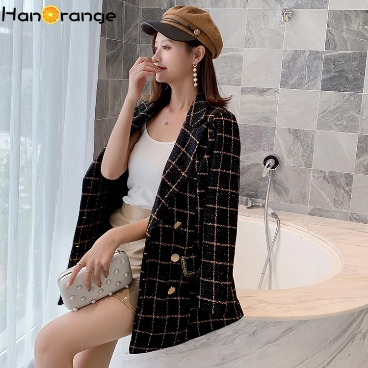 

British Style Fashion Debutante Coat Women 2021 Autumn Winter Versatile Casual Tweed Plaid Blazer Jacket Double Breasted