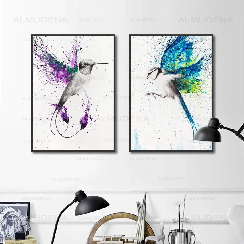 

ALMUDENT European Splash Colorful Flying Birds Abstract Art Study Decorative Painting Unframed Modular Wall Art Canvas Poster