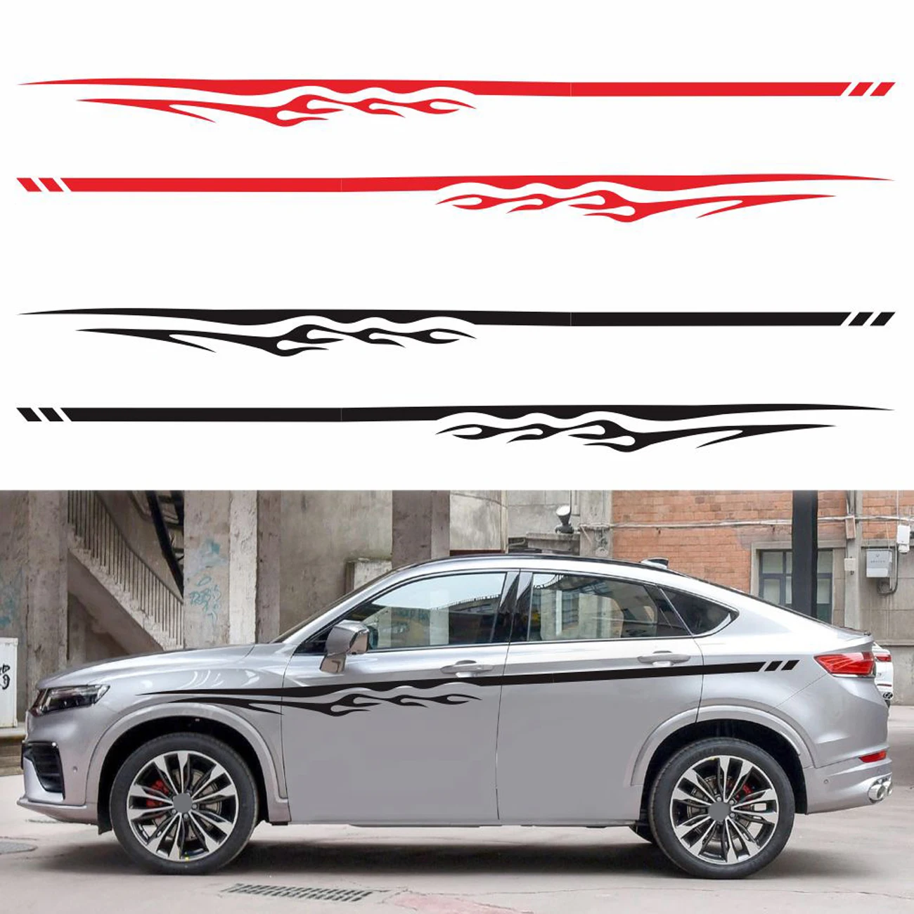 

2pcs Flame Striped Car Sticker Car Body Waistline Racing Side Door Long Stripe Stickers Auto Vinyl Decal Personality Stickers