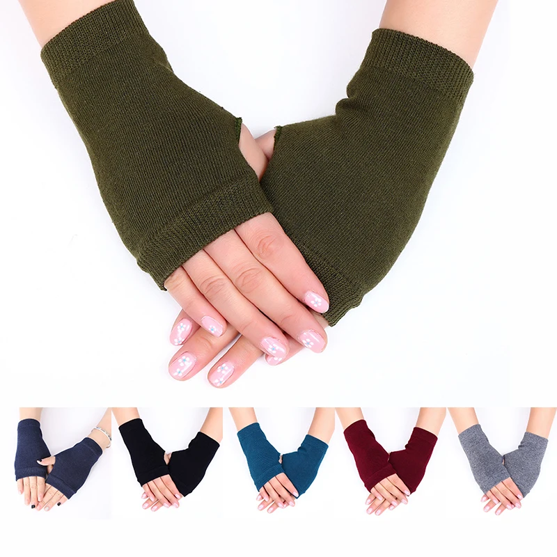 

Winter Knitted Gloves Fingerless Women Gloves Thumb Hole Combed Cotton Warm Mittens Crochet Hand Wrist Solid Ribbed Trim Gloves