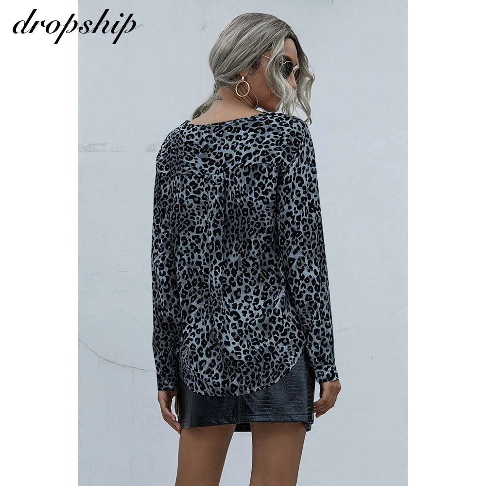 

Chiffon V-Neck Leopard Shirt Women's Autumn 2020 New Korean Style Long Sleeve Shirt Elegant Slim-fit Satin Office Lady Blouse