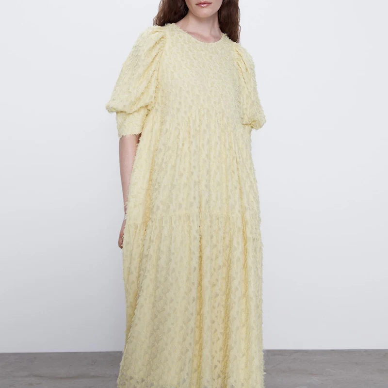 Fashion Puff sleeve Women dresses Yellow 2020 Summer Round neck Loose Maxi Long dress Party Vestidos Female YNZZU YD385 | Женская одежда