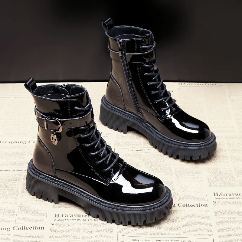 

Ботильоны женские зимние на платформе, мягкая кожа, удобные, средний каблук, модные черные, с круглым носком