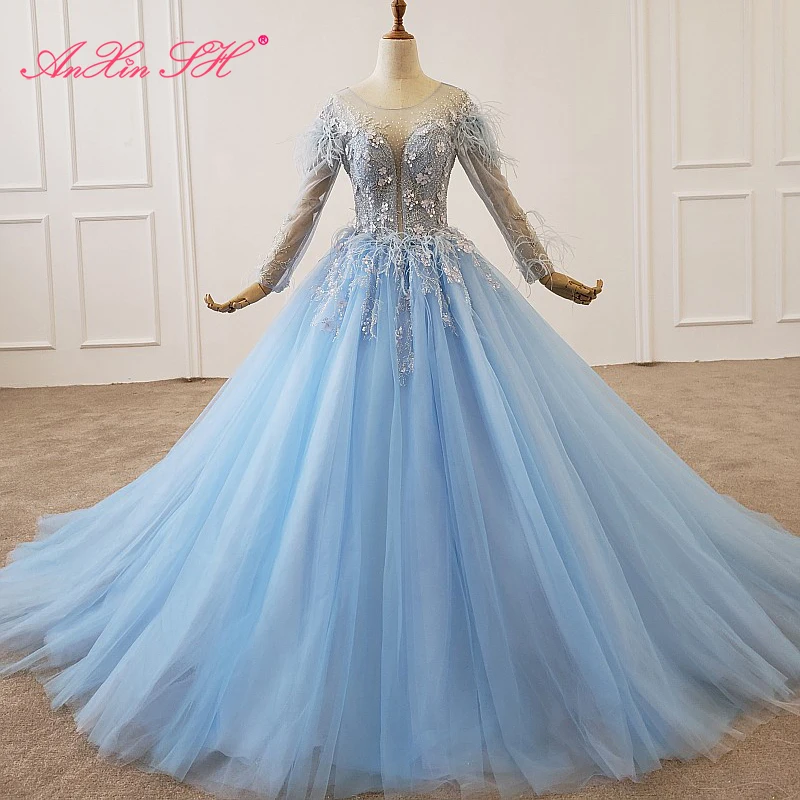 

AnXin SH Luxury princess flower blue lace beading crystal illusion feather o neck long sleeve wedding dress 100% real photos