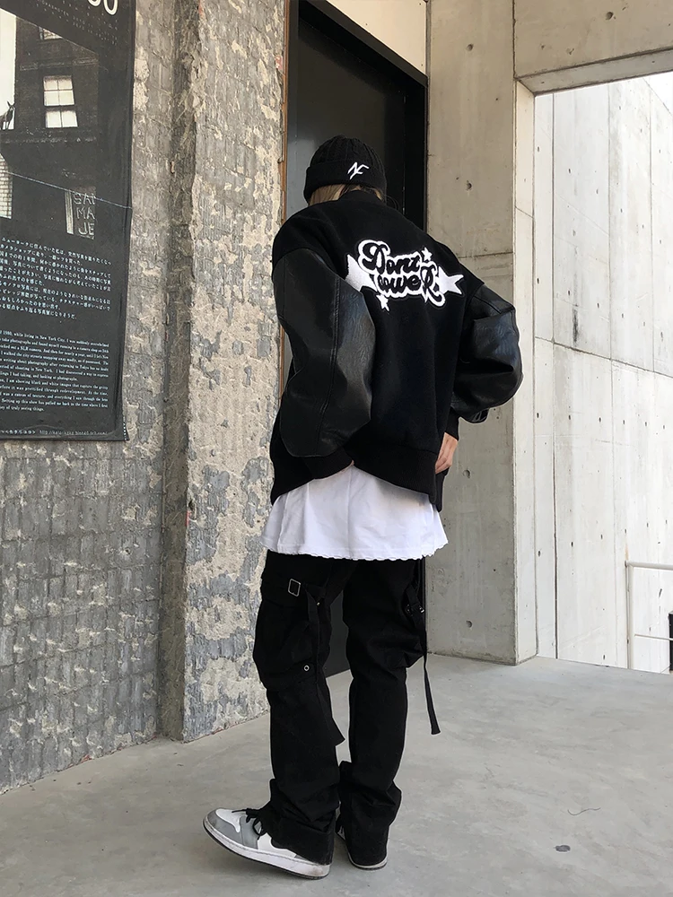 

Hip Hop Leather Sleeve Patchwork Fashion Block Jackets Womens Harajuku College Style Bomber Jacket Female Baseball Coats 2 Color