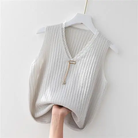 

Women 2021 Summer Fashion Ice Silk Knitted Vest Tops Female V-neck Loose Vest Tops Ladies Solid Color Sleeveless Tops L223
