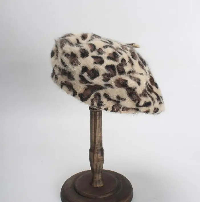 

Winter Chic Women Fuzzy Rabbit Hair Leopard Berets Warm Cozy Animal Printed Rabbit Hair Knitted Hats