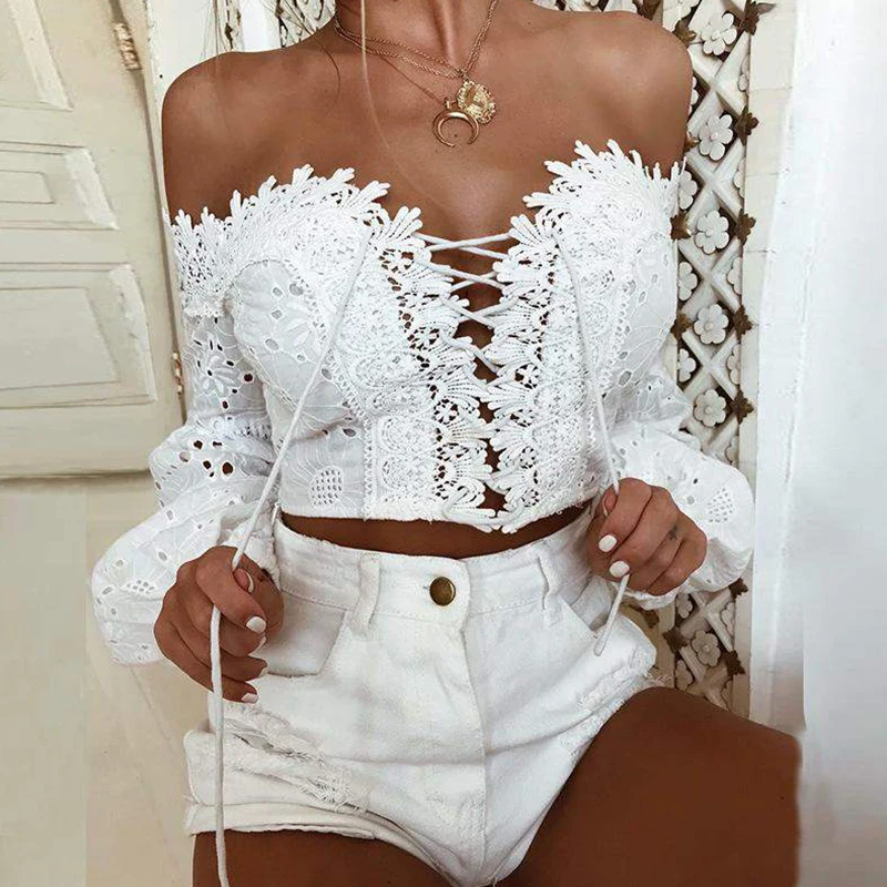 2020 Летняя женская белая сексуальная бандажная кружевная блузка черная пляжная с