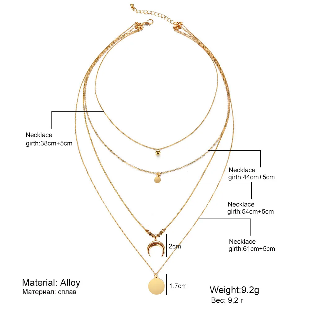 Vintage Gold Color Choker Chain Necklace Charms Multilayer Round Sequins Moon Pendant Women Collar Jewelry | Украшения и