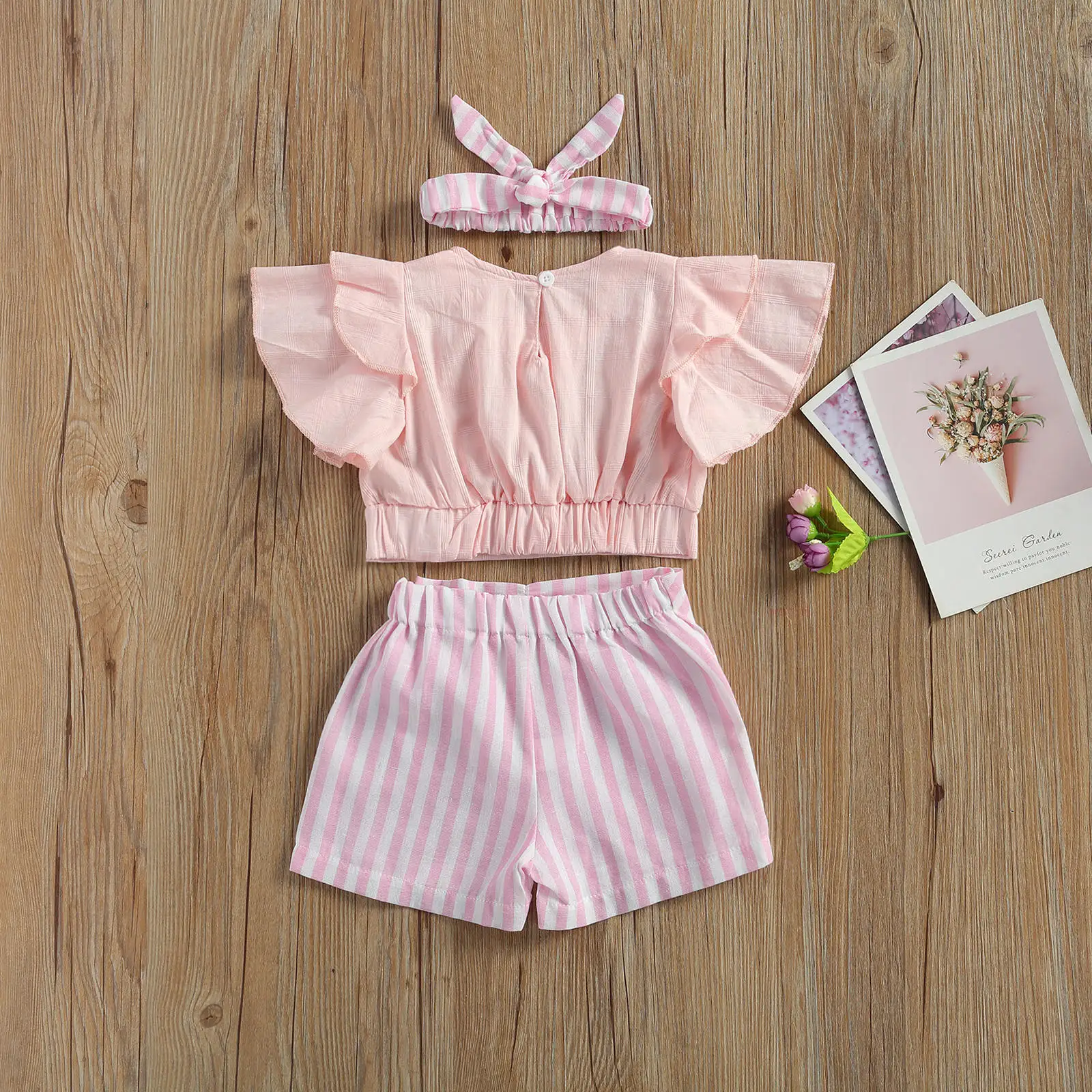 

Pudcoco 12M-5Y Toddler Kid Baby Girl Summer 3Pcs Set Double Flared Short Sleeve Top+Striped/Plaid Shorts+Headband Outfit Clothes