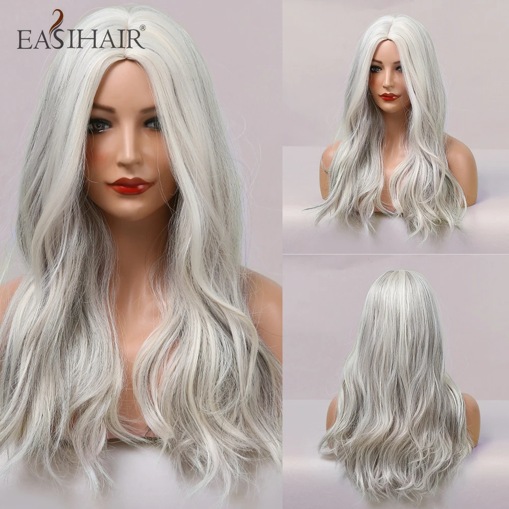 

EASIHAIR длинный серый белый синтетический парик для белых женщин повседневные натуральные волнистые волосы косплей парики термостойкие