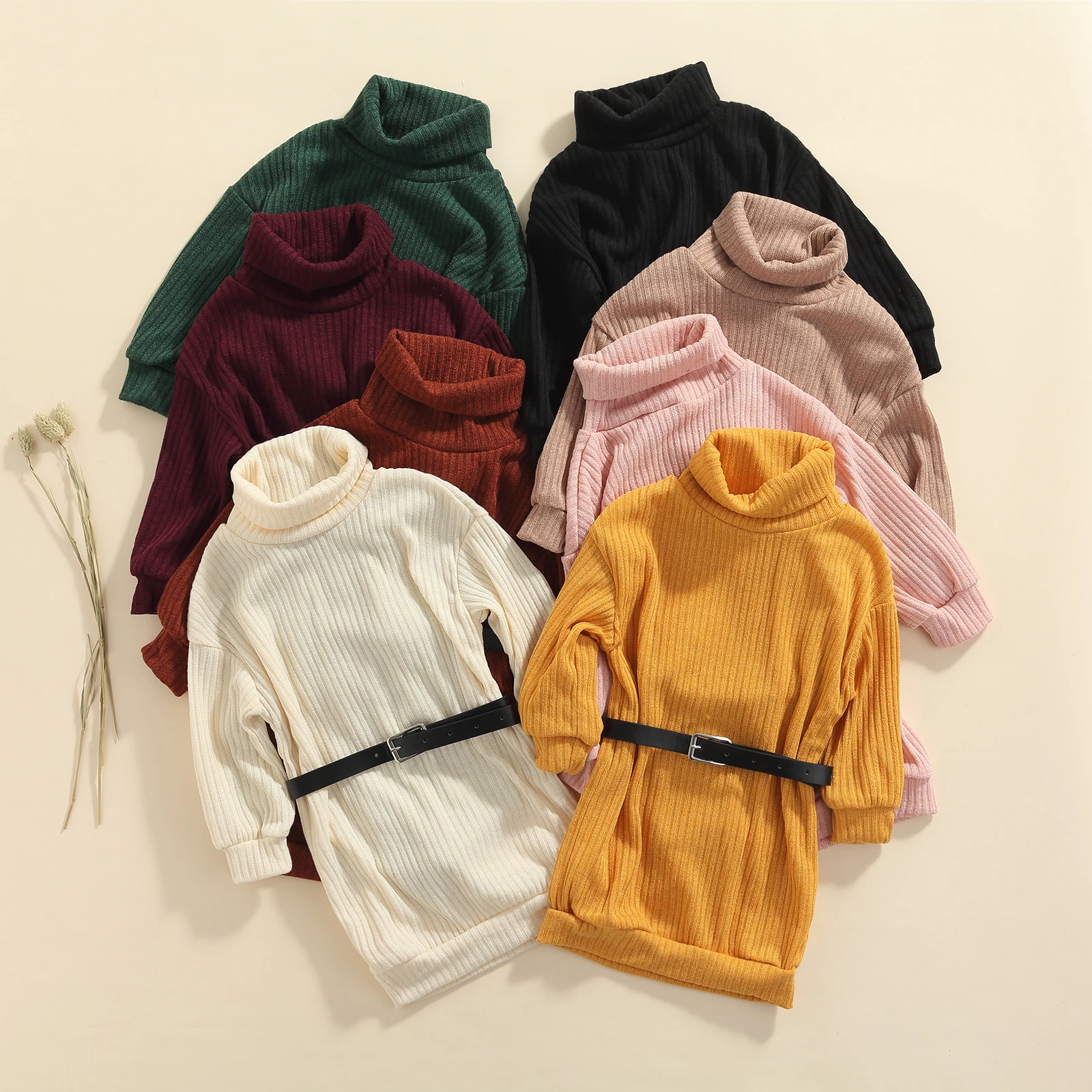 

3-7YearsAutumn Kids Girls Sweater Dress With Belt Outfits Solid Long Sleeve Knit Straight Knee Length Dress