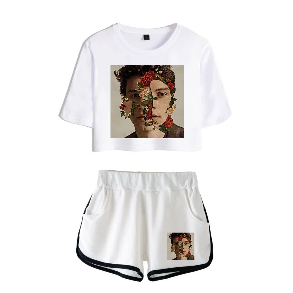 

Shawn Mendes Two Piece Set Women Short Sleeve Cotton Tracksuit Women Sexy Crop Top Shorts Summer Fashion Outfits Sport suit