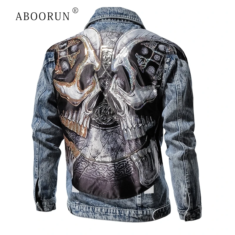 

Мужская джинсовая куртка с черепами и пайетками, пиджак из денима в стиле хип-хоп, джинсы хипстерском стиле с дырками, Модная приталенная Дж...