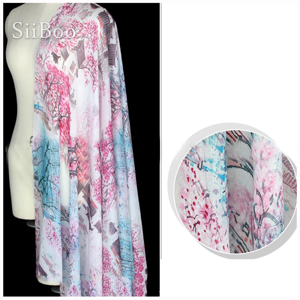 Китайский стиль Печать 100% натуральный шелк шифон ткань одежда для платья чистый