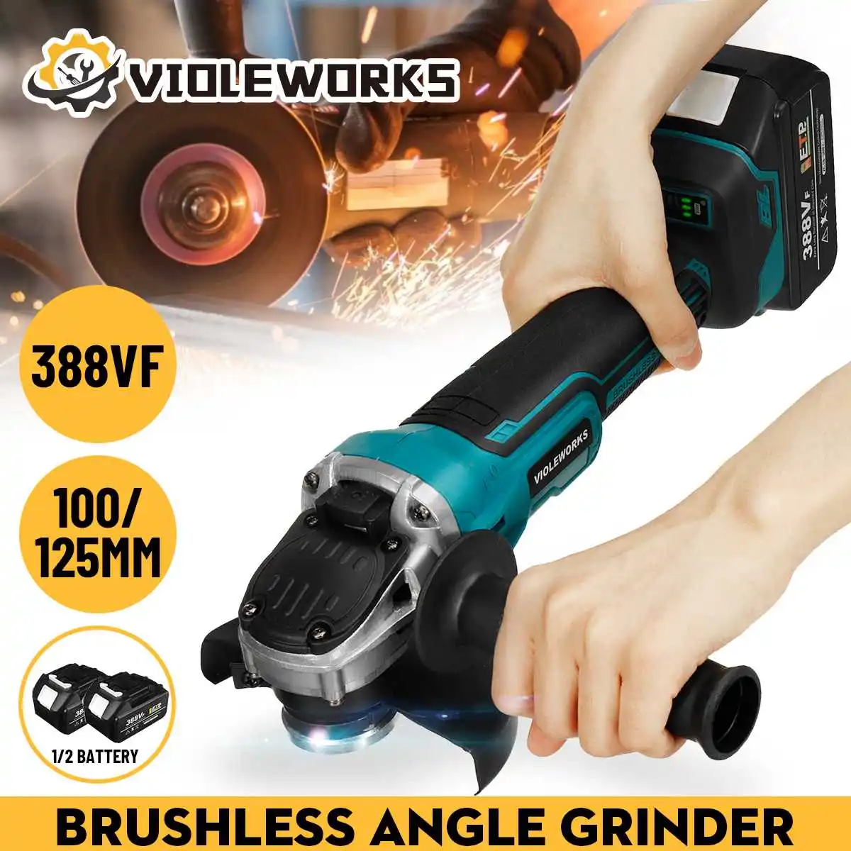 

388VF Cordless Angle Grinder Variable Speed Grinding Machine Cutting Electric Angle Grinder Brushless Power Tool W/ 1/2Batteries
