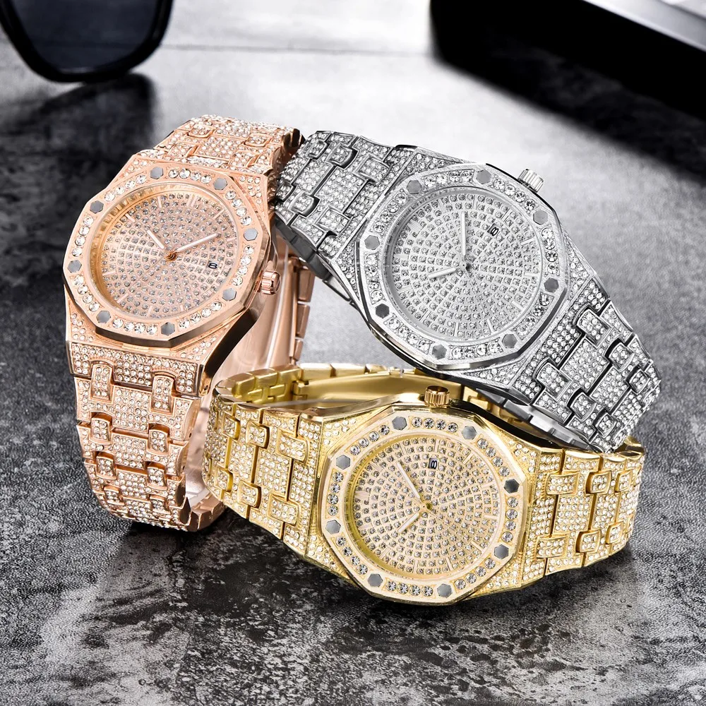 

Distinguished Men's Watch Dazzling Diamond Alloy Case Stainless Steel Belt Watches Top Brand Date Male Wrist Clock Zegarek meski