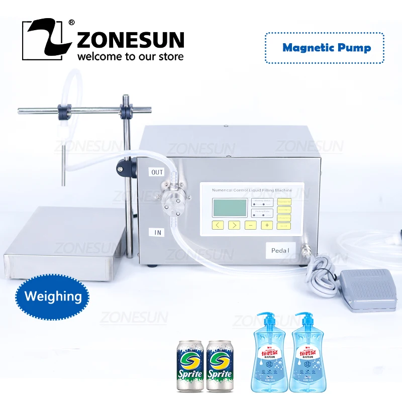 

ZONESUN ZS-MP251W Magnetic Pump Strong Acid Liquid Edible Oil Liquor Filling and Weighing Machine Juice Water Bottle Filler