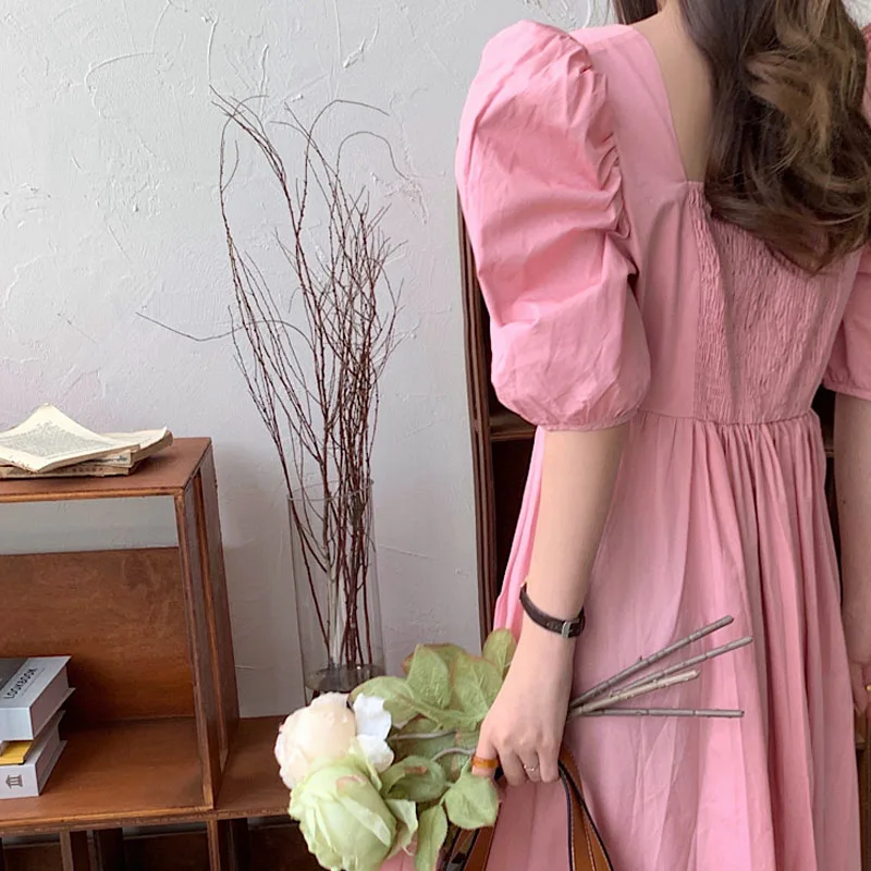 

French Elegant Sweet Square Neck Puff Sleeve Pink A-Line Dress 2021 Summer New Korean One-Piece Women'S Casual Dress Midi Dress