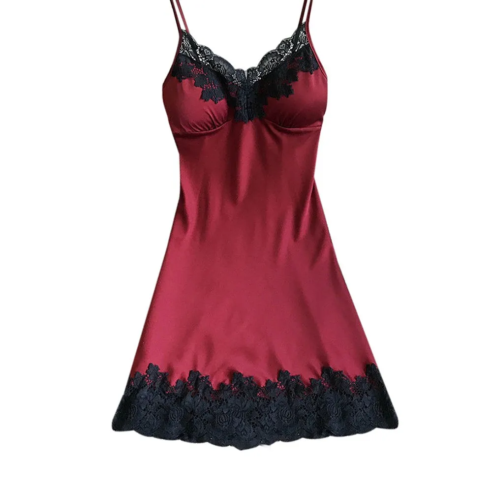 Sexy Women's Sleepwear Lace Cute Spaghetti Strap Night Gowns High Quality Intimates Sleevelss Summer Sleep Shirt With Chest Pad - Цвет: Wine