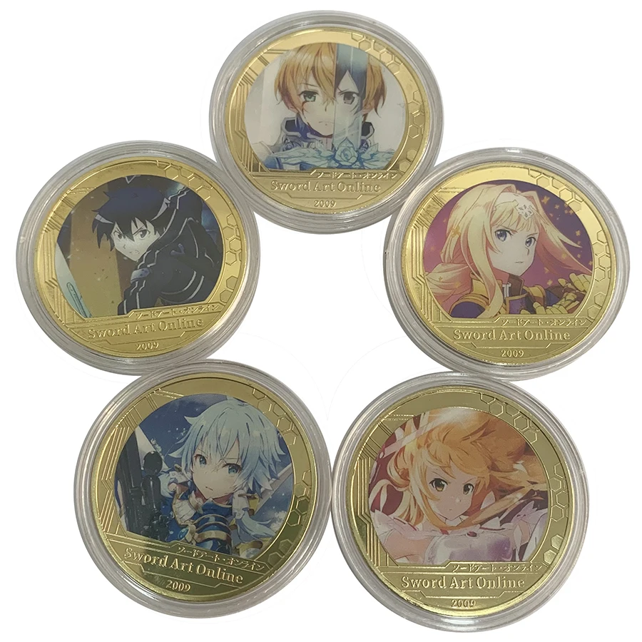 

5 designs Japanese Manga Sword-Art-Onlin gold plated souvenir coin men's Anime memorabilia coin playing metal coin