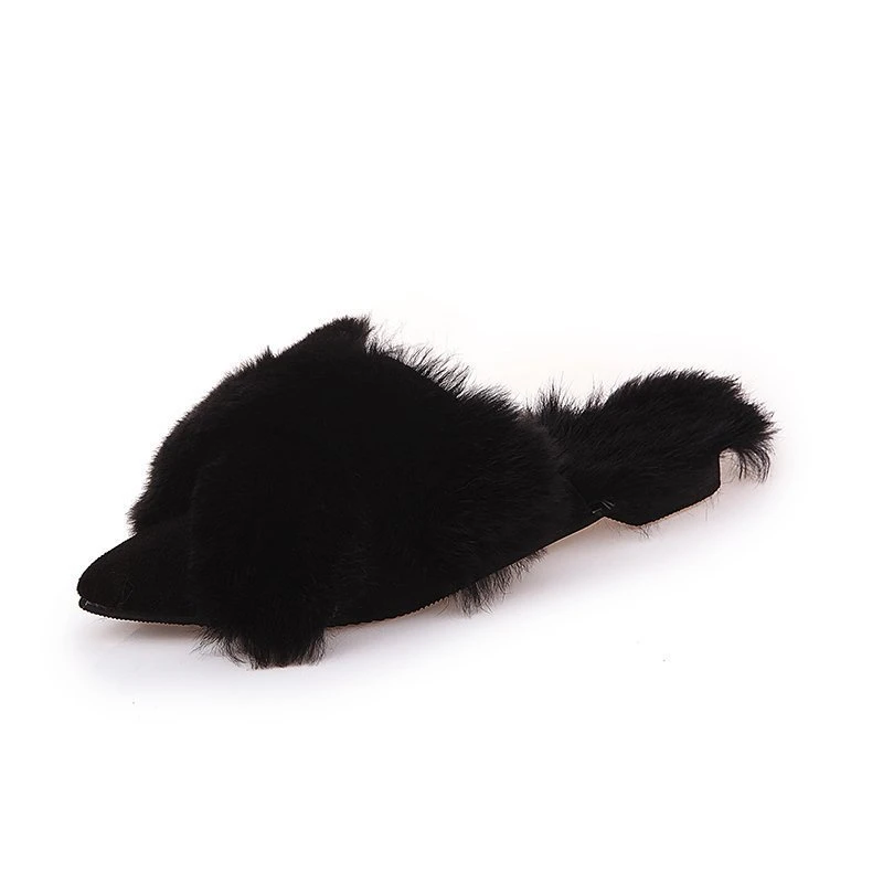 Мюли женские с мехом и острым носком плюшевые удобные на плоской подошве зимние