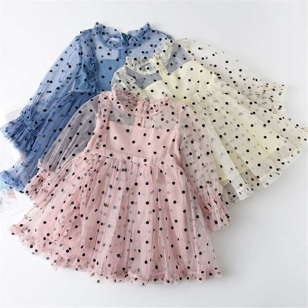 

Girls Net Yarn Dress Summer Polka Dot Print Dress Long Sleeve Tutu Baby Dress 2021 New Hot Sale Baby Girl Dress Tutu Princess