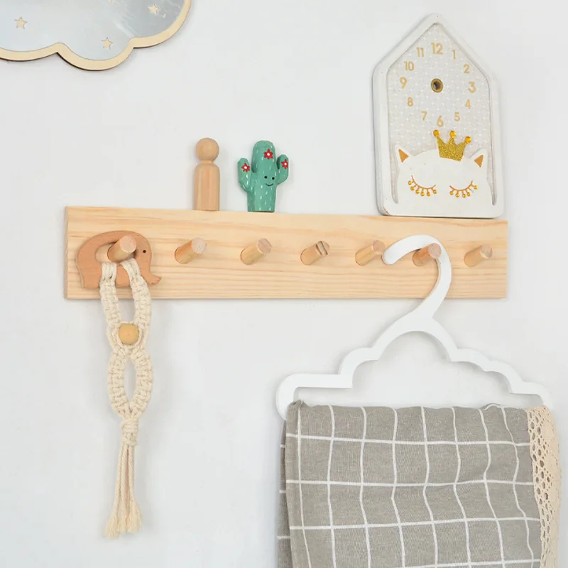 Home Wooden Creative Simple Coat Hook Wall Hanging Hanger Key Cap Clothes Bag Hook Kitchen Supplies Bedroom Door Towel 7 Hooks