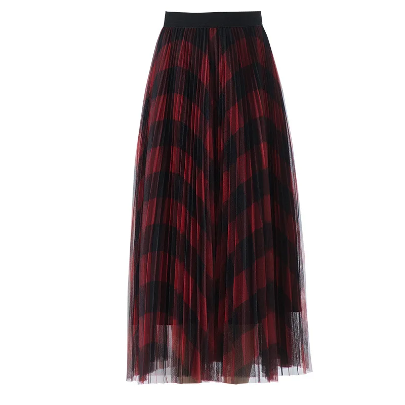 

2020 Spring Women Skirts Elastic High Waist Plaid Mesh A-Line Skirt Casual Pleated Skirts Women Jupe Femme Faldas Saias Outwear