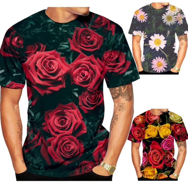 

Новая модная мужская футболка с 3D-принтом роз, летняя повседневная футболка с короткими рукавами и цветами