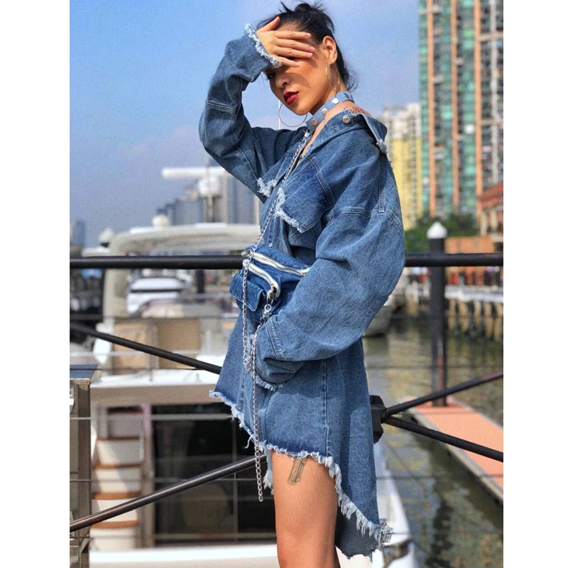 Getвесна женское джинсовое пальто с длинным рукавом асимметричный подол