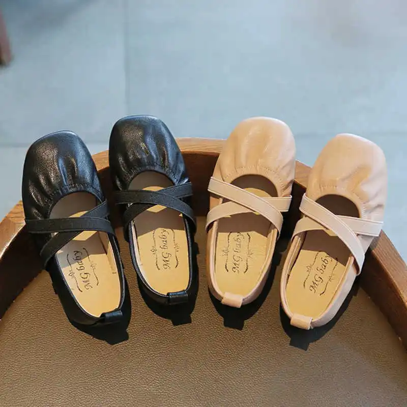 

Spring Big Girls Shoes Cross-tied Elastic band Princess Shoes Soft Leather Kids Flats Black Slip on Shoe Children For 1-12y