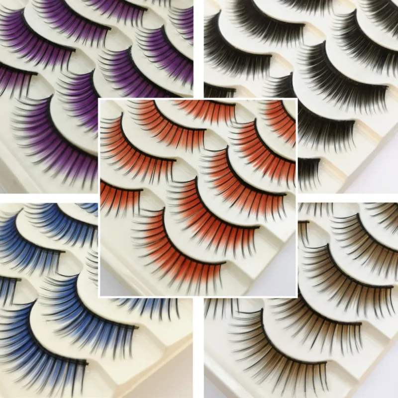 Cross Section Red Blue Brown Black Purple False Eyelashes Smoked Makeup Stage Makeup Fake Eye Lashes Party Halloween 5Pairs Hot