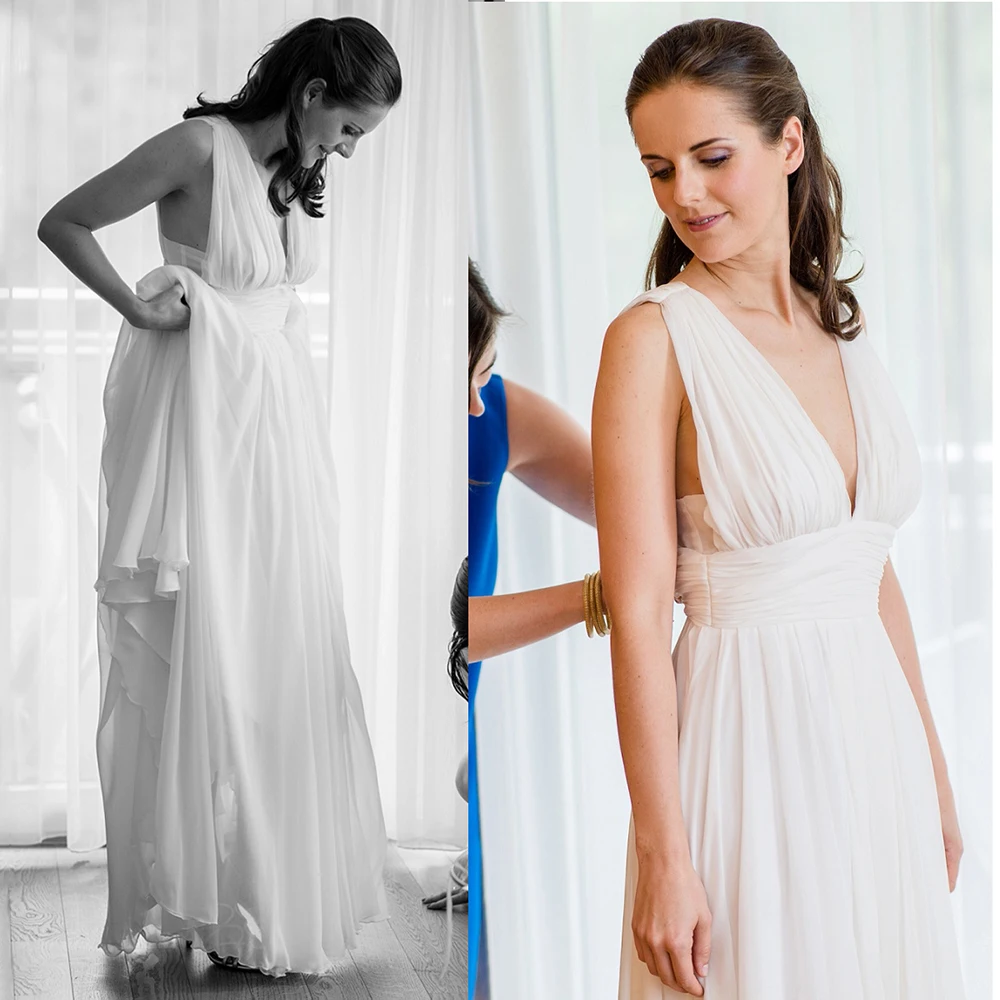 

A Line Ruched Chiffon V Neckline Wedding Dress Open Back Backless Simple Pleated Custom Made Beach Buttons Mini Bridal Gowns