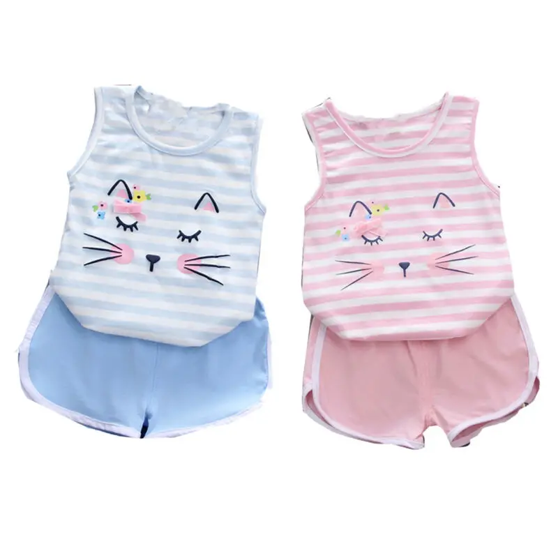 

Girl Clothes 2020 Toddler Newborn Baby Girls Boys Clothes Cat Print Sleeveless T-shirt Vest Tops+Shorts Pants Outfits