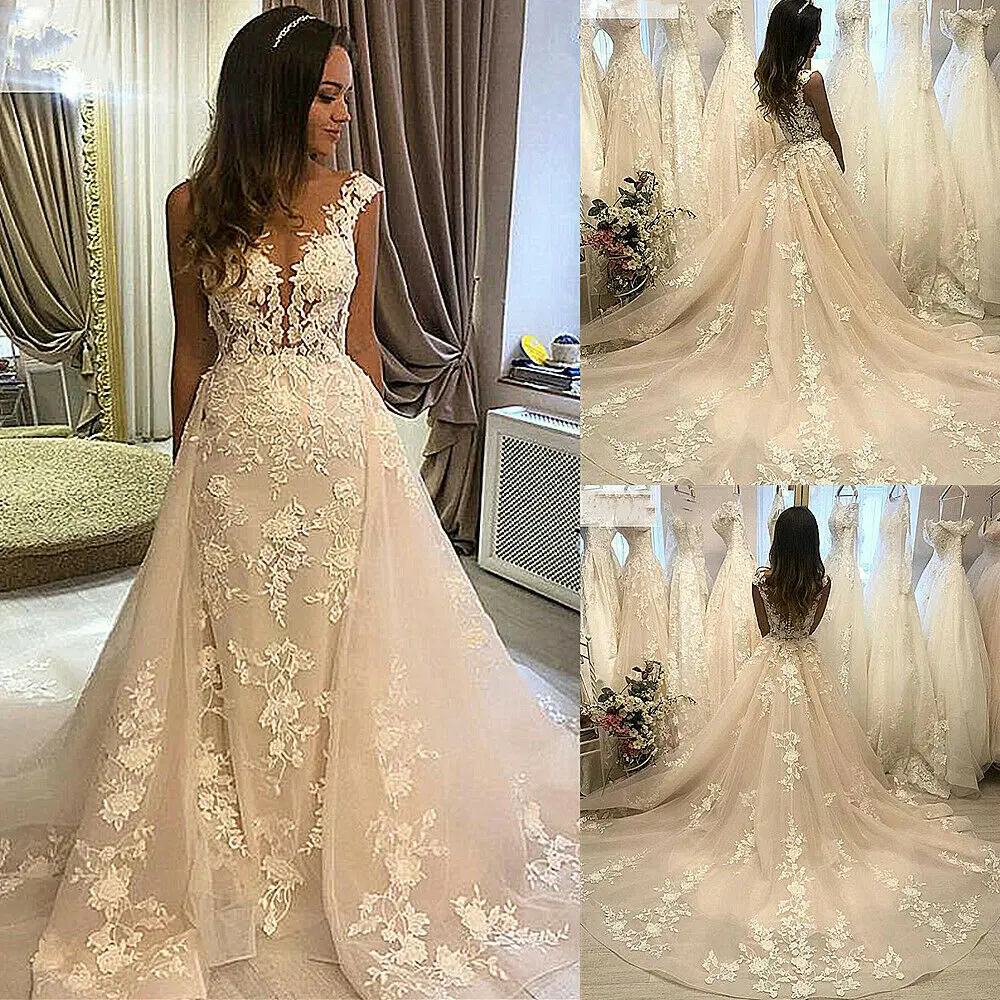 

Роскошные кружевные свадебные платья без рукавов со съемным шлейфом