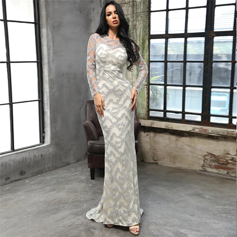 

Grey 2019 Women Sexy High Neck Long Sleeve Lace Glitter Dresses Female Elegant Maxi Party Long Dress