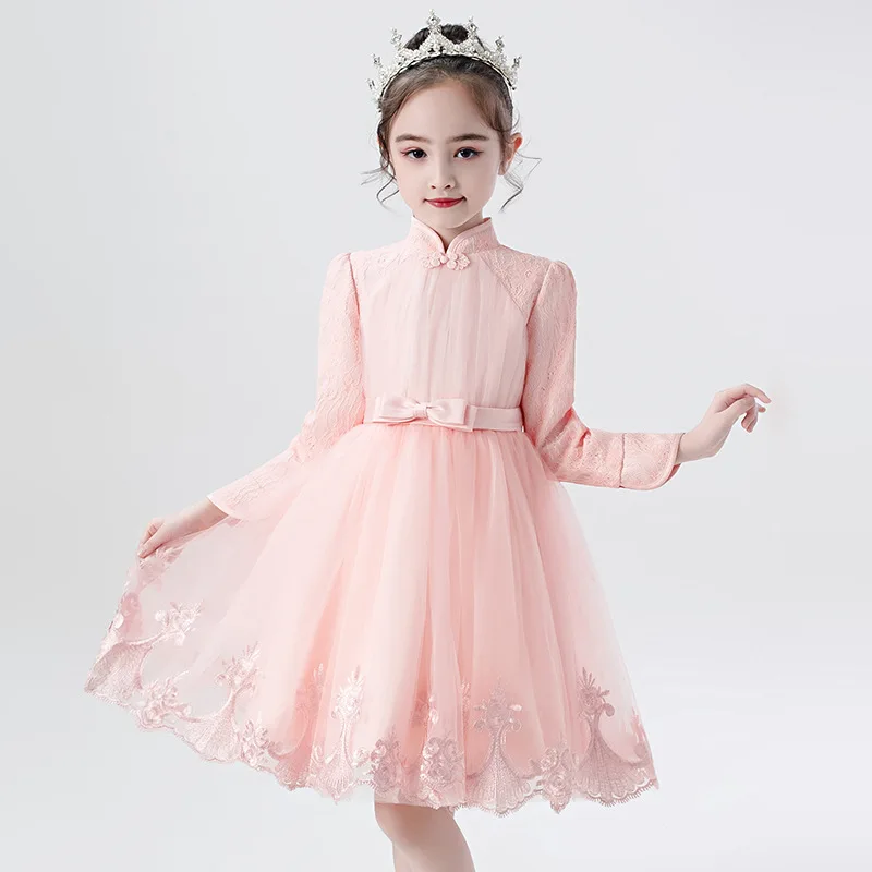 Детское розовое платье пышные платья с бантом кружевное принцессы вышивкой для
