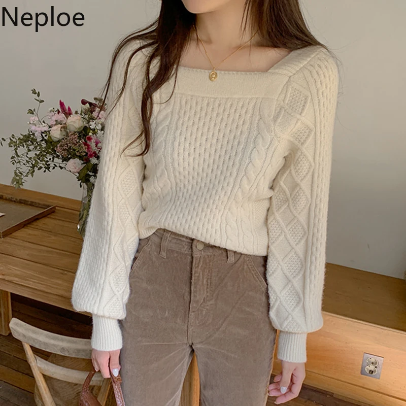 Женский трикотажный свитер с квадратным воротником Neploe Ins плотный однотонный