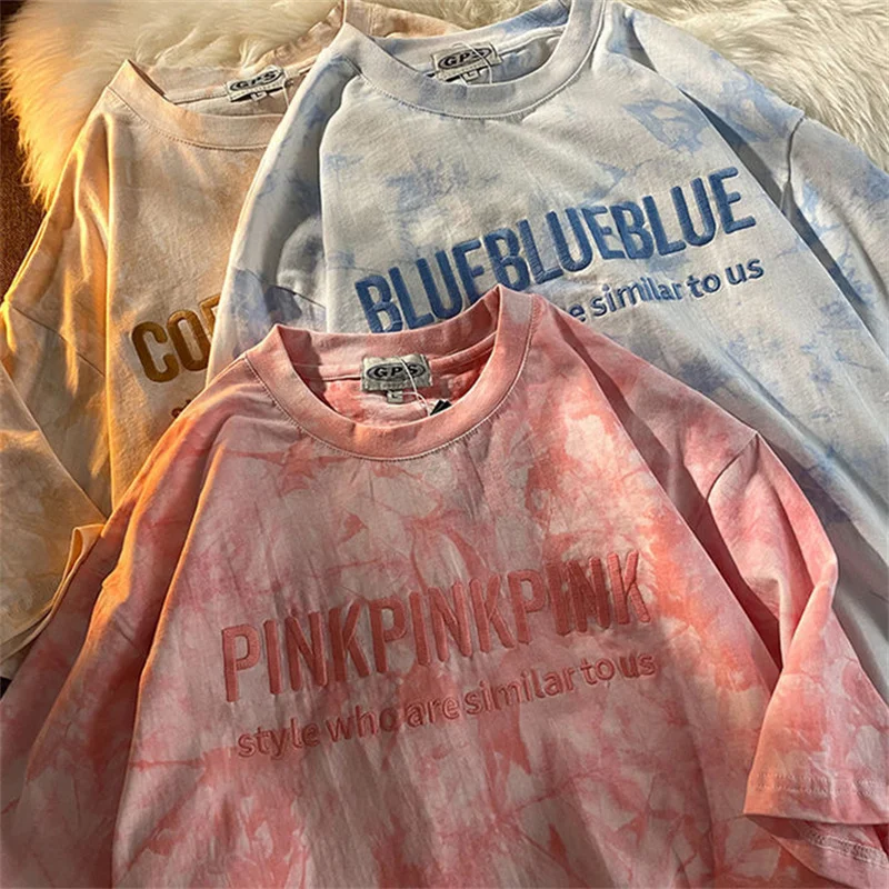 

2021 Summer New Tie-Dye Printed Letter T-Shirt Short-Sleeved Women's Harajuku Casual Kawaii O-Neck Half-Sleeved Clothes