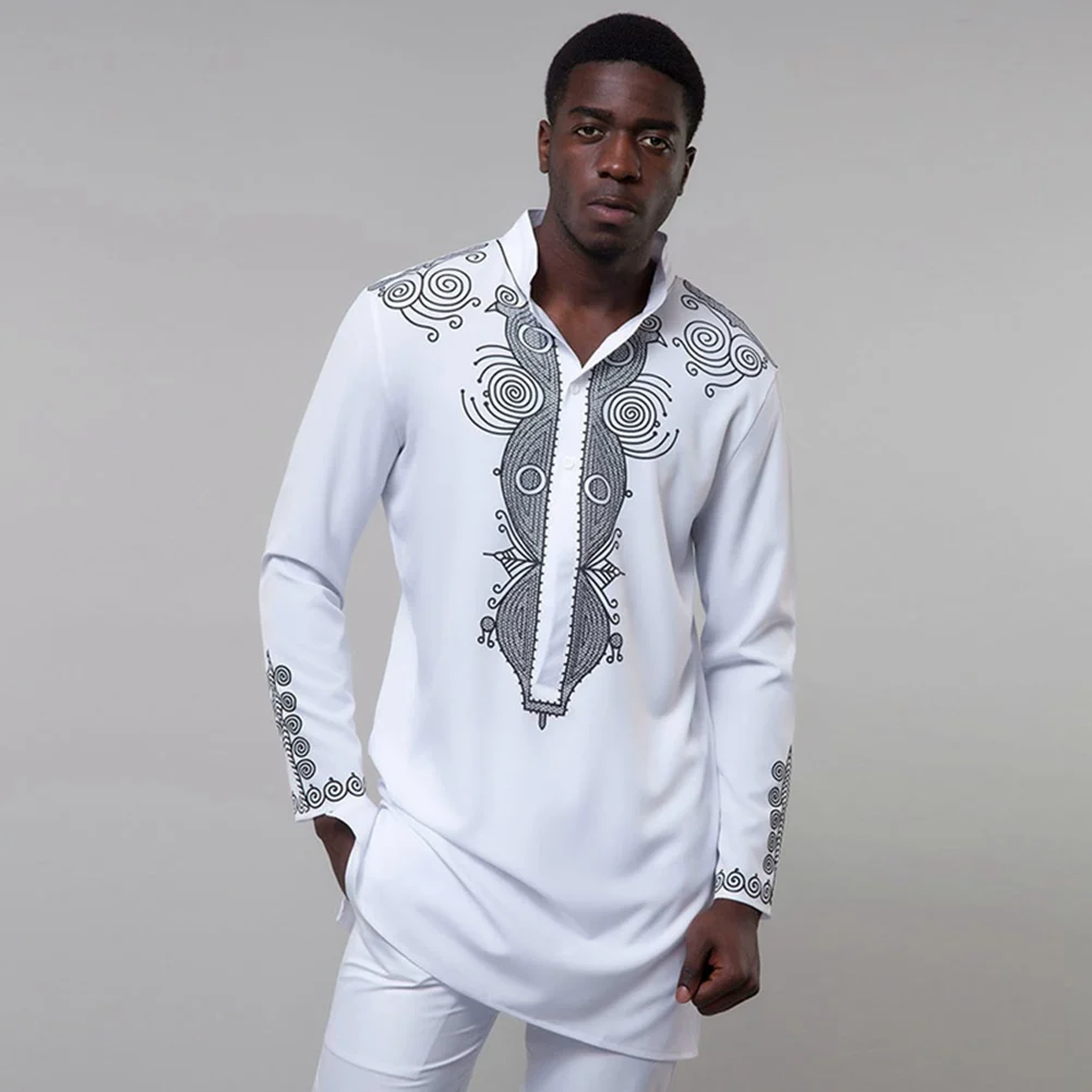 Opslea Dashiki африканская Мужская рубашка с длинным рукавом и стоячим воротником Bazin Riche с национальным этническим принтом Одежда Повседневная приталенная рубашка