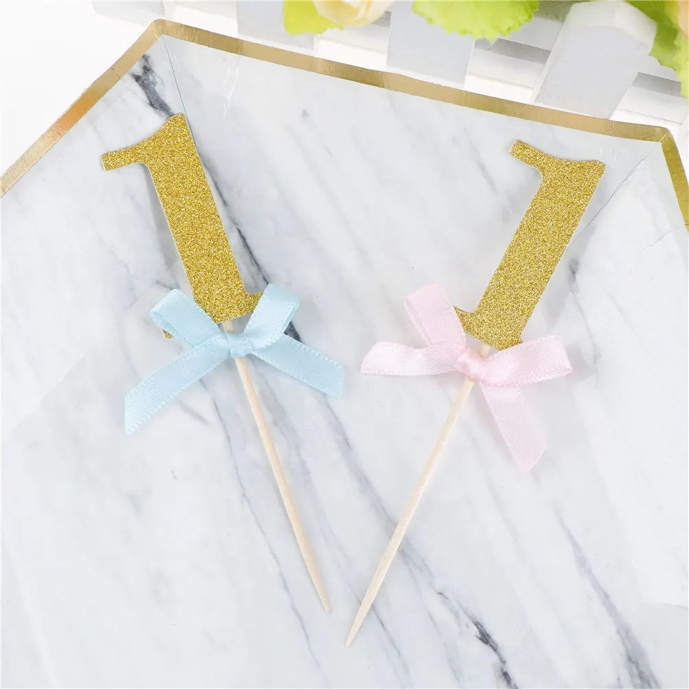 

10PCS I AM ONE Year Gold Boy Girl 1 Anniversary Paper Supplies First Birthday Cupcake Toppers 1st Party Decorations