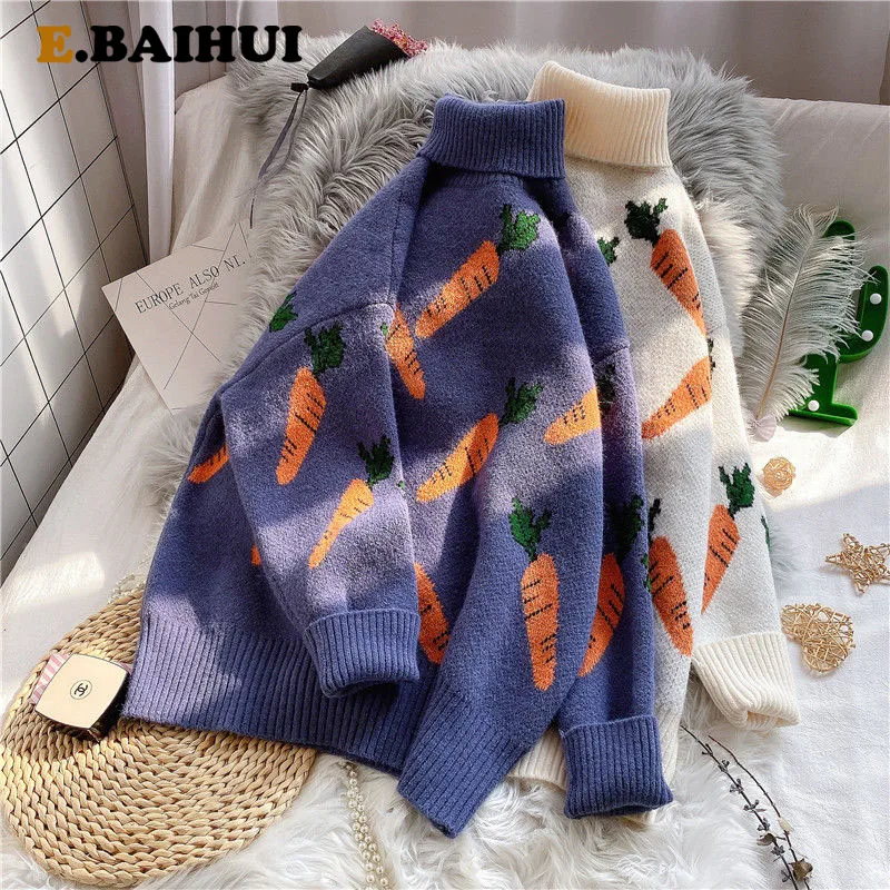 EBAIHUI Knitted Sweater Women Carrot Pattern Long Sleeve Pullover Loose High-necked Blue Yellow Autumn Winter 2020 | Женская одежда