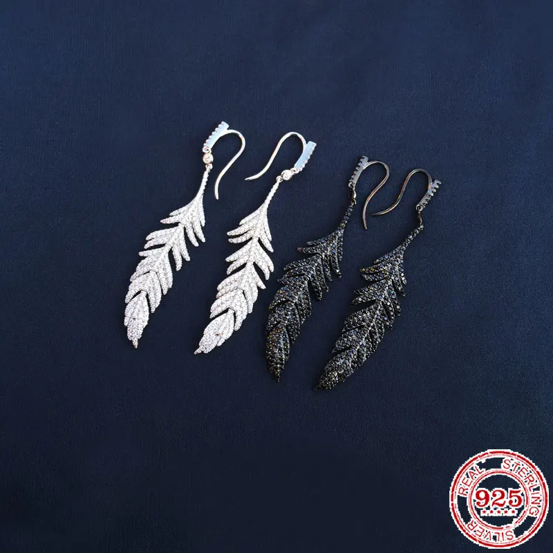 

100% sterling silver S925 ladies earrings hot sale women's feather black gold earrings women's popular jewelry girlfriend gifts