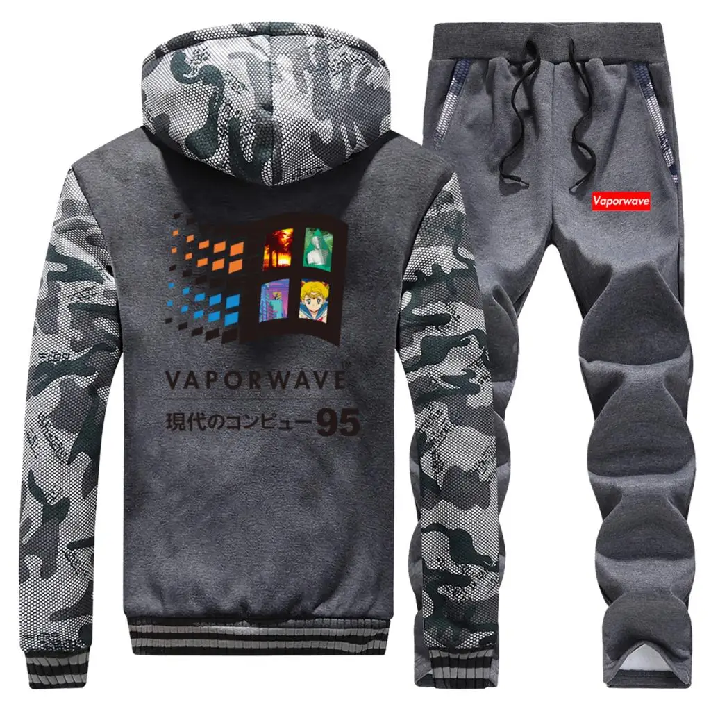 Vaporwave Hoodies Pants Set Men Japanese Anime Aesthetic 80s Tracksuit Coat Track Suit Winter Thicken Fleece Jacket 2 Piece Sets | Мужская