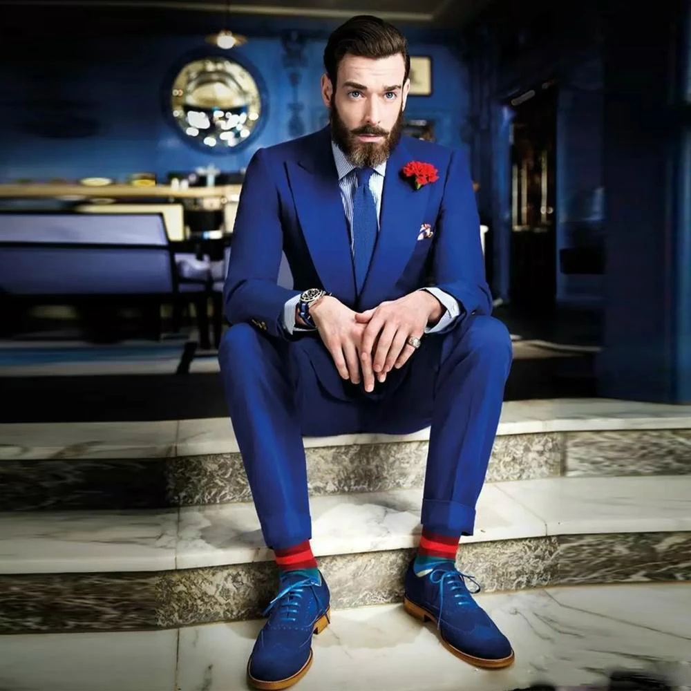 

Handsome Royal Blue Mens Wedding Tuxedos One Button Groom Suits Peaked Lapel Slim Fit Prom Party Blazer Jacket(jacket+pants)
