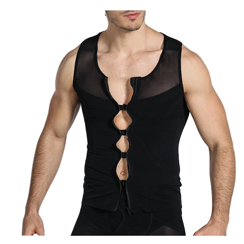 Men's Compression Abdomen Shirt for Body Shaper Slimming Vest Tight Tummy Underwear Gym Workout Tank Top with Zipper Weight loss