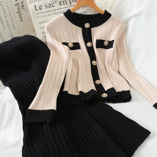 

Mozuleva Fashion Small Fragrance Knit 2 Pcs Women Set O Neck Contrast Color Single Breast Cardigans + High Waist Hip Pit Skirt