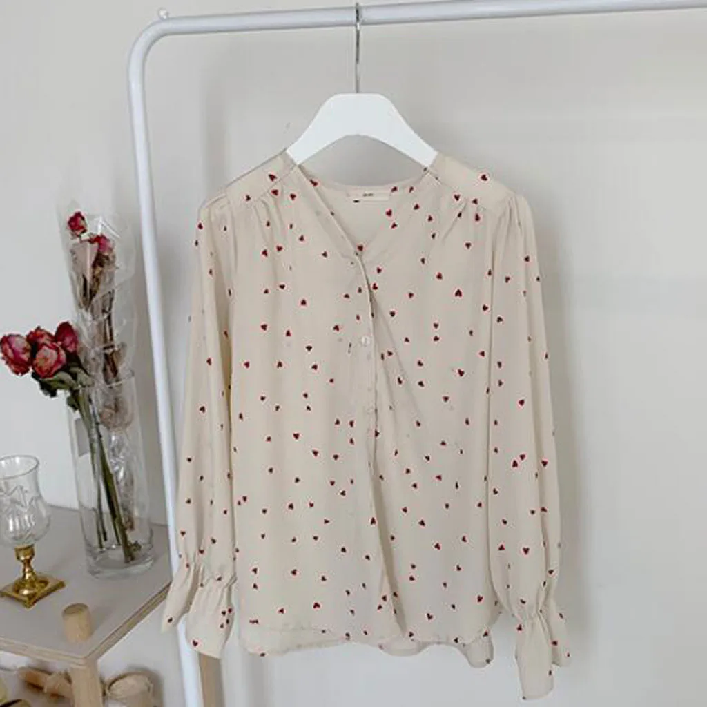 Новинка 2020 модная женская блузка с v-образным вырезом принтом в виде сердечек